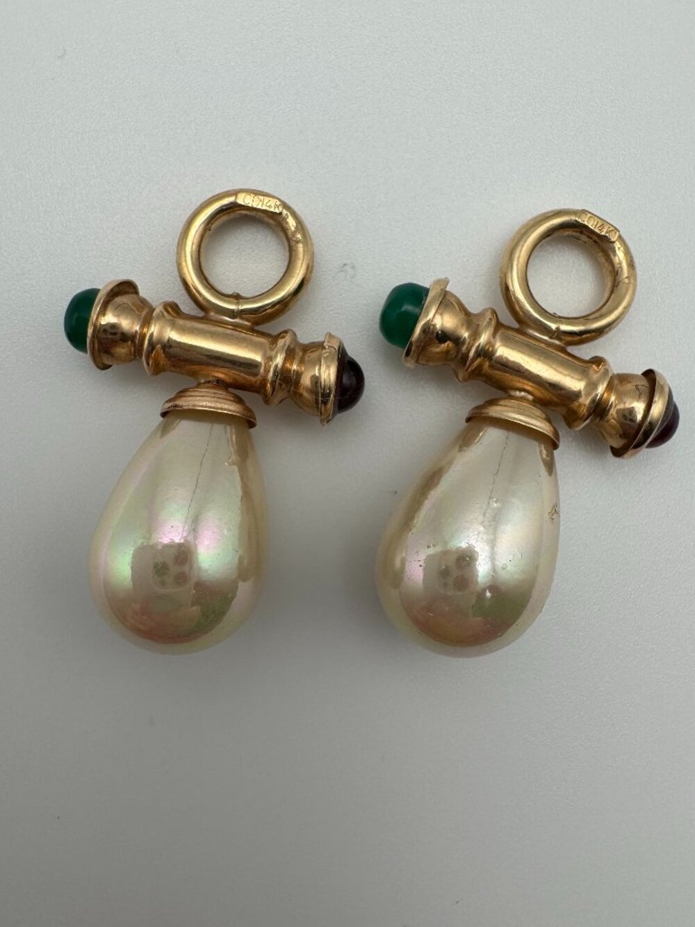 Vintage 14K Yellow Gold Faux Pearl Cabochon Hoop Earring Charms 8.44g